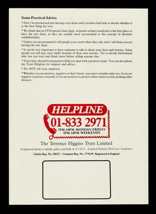 AIDS and HTLV III : HTLV III antibody : to test or not to test / The Terrence Higgins Trust.