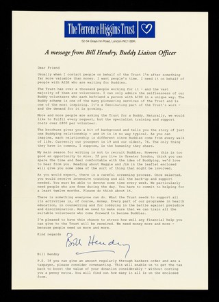 A message from Bill Hendry, THT Buddy Liaison Office / The Terrence Higgins Trust.