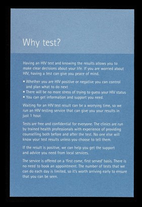 Waterloo, Thursday evenings 5-8pm : 1 hour HIV testing : Fastest, fast accessible simple ; you choose... / Terrence Higgins Trust ; services provided with: King's College Hospital NHS Trust.