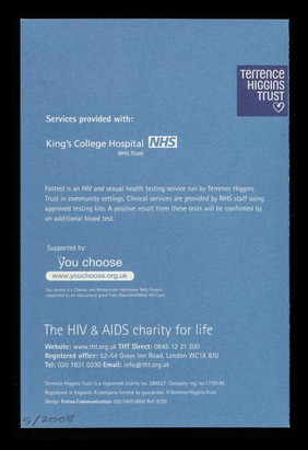 Waterloo, Thursday evenings 5-8pm : 1 hour HIV testing : Fastest, fast accessible simple ; you choose... / Terrence Higgins Trust ; services provided with: King's College Hospital NHS Trust.