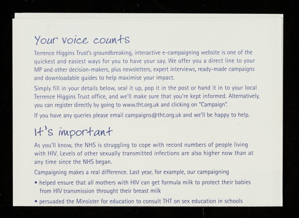 Campaign with us : the HIV & AIDS charity for life ... / Terrence Higgins Trust.