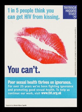 H1 in 5 people think you can get HIV from kissing : you can't : poor sexual health thrives on ignorance ... / Terrence Higgins Trust.