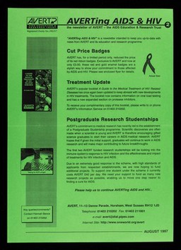 AVERTing AIDS and HIV : the newsletter of AVERT - the AIDS Education & Research Trust. 2, August 1997 / AVERT.