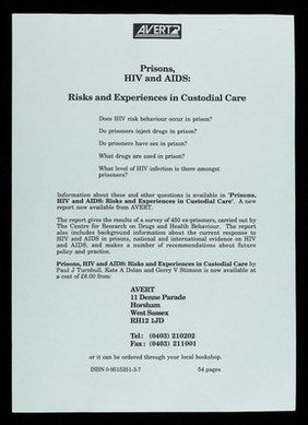 Prisons, HIV and AIDS : risks and experiences in custodial care / AVERT.