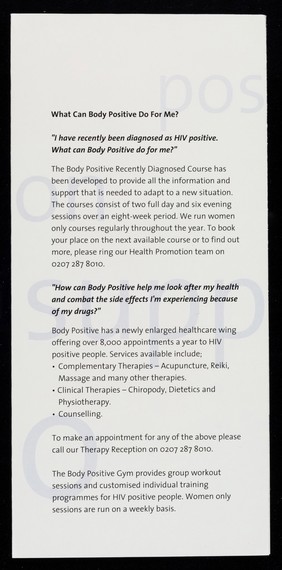 Body Positive : a guide to our services / distributed by C.L.A.S.H. at the heart of the scene.