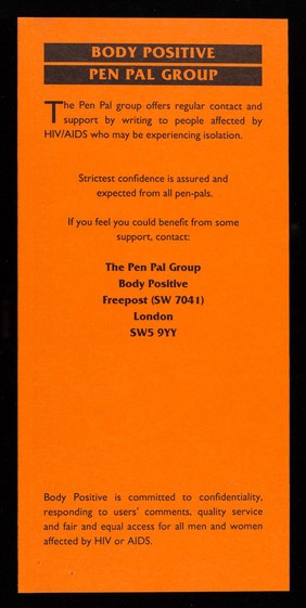 Pen pal group : Body Positive, 51B Philbeach Gardens, Earls Court, London SW5 9EB.