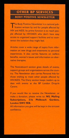Pen pal group : Body Positive, 51B Philbeach Gardens, Earls Court, London SW5 9EB.