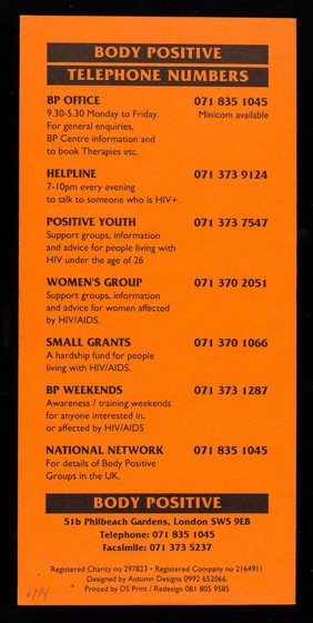 Pen pal group : Body Positive, 51B Philbeach Gardens, Earls Court, London SW5 9EB.