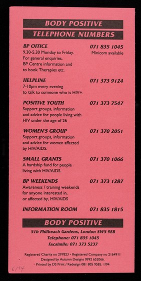Newsletter : Body Positive, 51B Philbeach Gardens, Earls Court, London SW5 9EB.