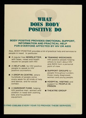 What is Body Positive : Body P{ostive is for women, menand children affected by HIV or AIDS / Body Positive.