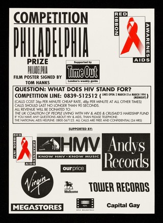 Competition : Philadelphia : prize Philadelphia film poster signed by Tom Hanks ... / Red Ribbon AIDS awareness.
