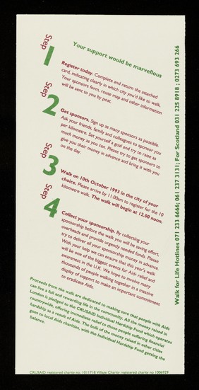 Walk for life : Sunday 10th October 1993 / Crusaid ; supported by Wellcome.