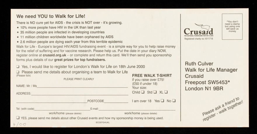 Walk for life : Sunday 18th June : 10km along the Thames - London's most enjoyable sponsored walk / Crusaid.