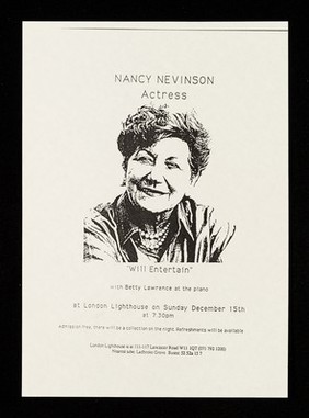 Nancy Nevinson, actress, 'Will entertain" : with Betty Lawrence at the piano at London Lighthouse on Sunday December 15th at 7.30 pm' / London Lighthouse.