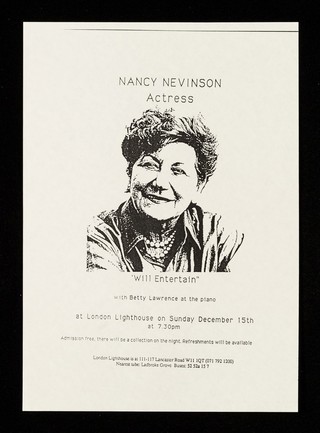 Nancy Nevinson, actress, 'Will entertain" : with Betty Lawrence at the piano at London Lighthouse on Sunday December 15th at 7.30 pm' / London Lighthouse.
