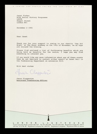 Dear Janet, Thank you for your support in coming to our charity 'Pop art night' at the Royal Academy on the 19th of November, we do hope you enjoyed the evening : please find enclosed a list of forthcoming benefits ... / Jason Clapperton, Events Co-Ordinator.