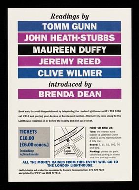 Amusing Productions present Lighthouse poets : Tuesday 27th July 1992, 7.30 pm : readings by Tomm Gunn, John Heath-Stubbs, Maureen Duffy, Jeremy Reed, Clive Wilmer introduced by Brenda Dean / London Lighthouse.