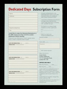 Dedicate a day : an opportunity to share in the creation of 1994's most unique desk diary : A year of art for London Lighthouse: British painting / London Lighthouse.