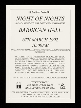 Night of nights : a gala benefit for London Lighthouse : Barbican Hall 6th March 1992, 10.00pm : with a host of stars all doing something slightly different... / Barbican Centre.