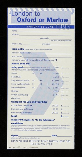 Lighthouse bike ride : London to Marlow or Oxford : Sunday 11 June 1995 : cycle for HIV/AIDS charities London Lighthouse, The Landmark & Gt Ormond St Children's Hospital Family Unit.