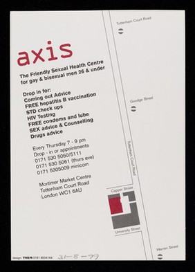 Axis : the friendly sexual health centre for gay & bisexual men 26 & under.