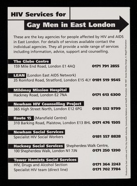 East London made easy : HIV services for gay men in East London / produced by East London and the City Health Promotion ; Declan Buckley Design ; A. Magill  illustration.