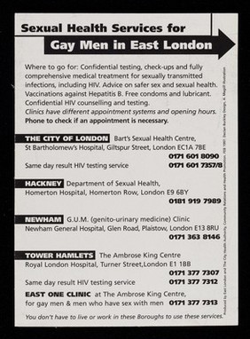 East London made easy : Sexual health services for gay men in East London / produced by East London and the City Health Promotion ; Declan Buckley Design ; A. Magill  illustration.