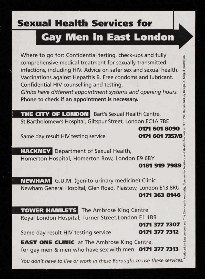 East London made easy : Sexual health services for gay men in East London /  produced by East London and the City Health Promotion ; Declan Buckley  Design ; A. Magill illustration. | Wellcome Collection