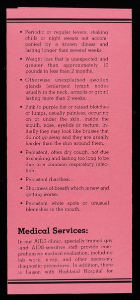 AIDS services : Fairmont Hospital : informaion & sevices 577-1620 / Fairmont Hospital, 15400 Foothill Blvd. San Leandro, CA 94578.