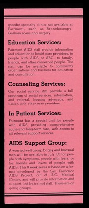 AIDS services : Fairmont Hospital : informaion & sevices 577-1620 / Fairmont Hospital, 15400 Foothill Blvd. San Leandro, CA 94578.