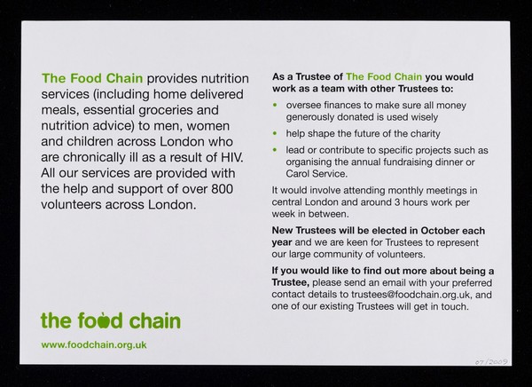 Are you a volunteer for The Food Chain : would you like to have more involvement in the oversight of the charity? ... the think about becoming a trustee of the Food Chain! / The Food Chain.