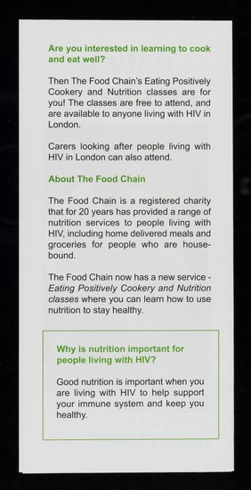 Eating positively : free cookery and nutrition cllasses for people living with HIV / The Food Chain.