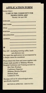 'Care in the community for people with AIDS' : an update for general practitioners : to be held at Mildmay Mission Hospital, Hackney Road, London E2 7NA 01-739 2331 on Thursday 13 April 1989 / Mildmay Mission Hospital.