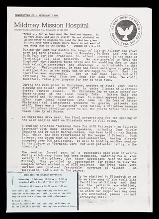 Mildmay Mission Hospital, Hackney Road, London E2 7NA ... : Newsletter 28 : February 1988 / Mrs. Helen Taylor-Thompson.