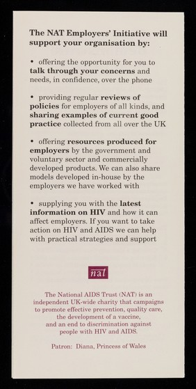 Practical support on HIV / AIDS for all employers : subscribe to our new HIV advisory service today / aNational AIDS Trust, employers initiative.