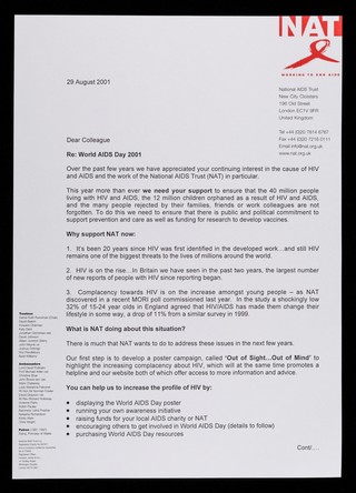 Dear colleague, Re: World AIDS Day 2001 ... / Derek Bodell, Chief Executive.