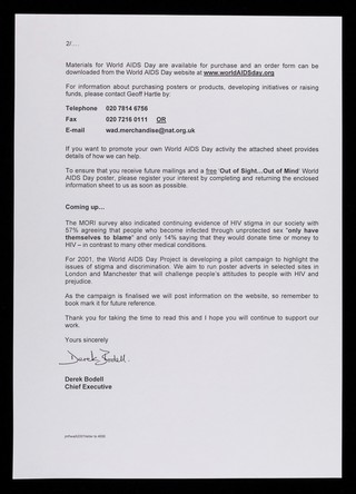 Dear colleague, Re: World AIDS Day 2001 ... / Derek Bodell, Chief Executive.