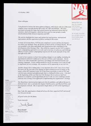 Dear colleague, I am pleased to enclose the latest edition of Impact, which deals with one of the most complex issues currently facing HIV in the UK: HIV nad mobility ... / Derek Bodell, Chief Executive.