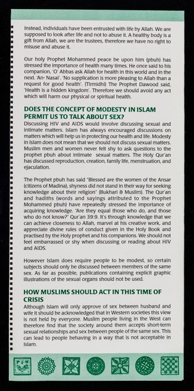 HIV, AIDS and Islam : information for Muslim communities : an HIV/AIDS service for the South Asian, Middle Eastern, North African and other excluded communities / NPL, Naz Project London.