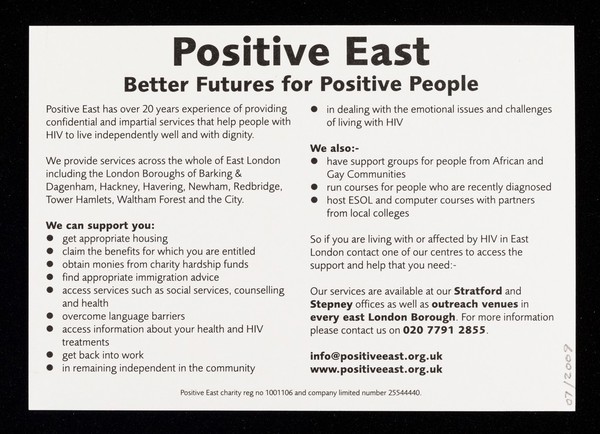Services for people living with and affected by HIV : better futures for positive people / Positive East.