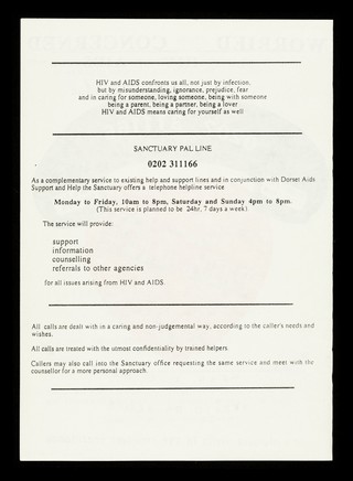 Worried or concerned about HIV or AIDS : Sanctuary Pal Line : AIDS doesn't mean you have to be afraid or alone / Sanctuary.