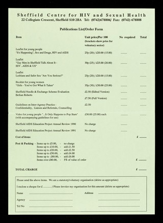 Publications list / order form / Sheffield Centre for HIV and Sexual Health.