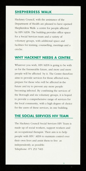 An introduction to Shepherdess Walk : a community based services for people affected by HIV / AIDS : 100 Shepherdess Walk, London N1 7JN / Hackney Council.