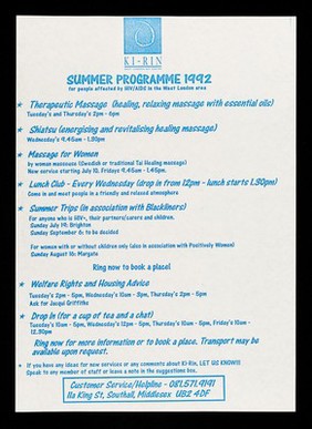 Summer programme 1992 : for people affected by HIV/AIDS in the West London area / Ki-Rin West London HIV Centre.