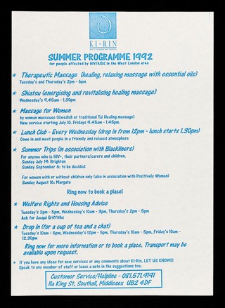 Summer programme 1992 : for people affected by HIV/AIDS in the West London area / Ki-Rin West London HIV Centre.