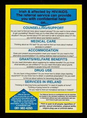 Irish & concerned about HIV/AIDS? Irish & living with HIV/AIDS? Working with Irish clients? : here is a service for you! / Postively Irish Action on AIDS (PIAA).