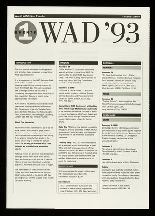 WAD '93 : events 1 : World AIDS Day events October 1993 / Health Education Authority, National AIDS Trust, World AIDS Day.