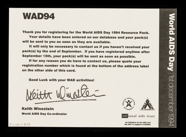 WAD94 : thank you for registering for the World AIDS Day 1994 resource pack ... / Keith Winestein.