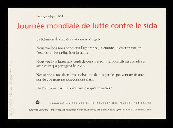 Journée mondiale de lutte contre le sida : 1er décembre 1995 : la Réunion des musées nationaux s'engage / Commission sociale de la Réunion des musées nationaux.