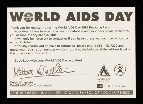 World AIDS Day 1st December 1995 : thank you for registering for the World AIDS Day 1995 resource pack ... / Keith Winestein.